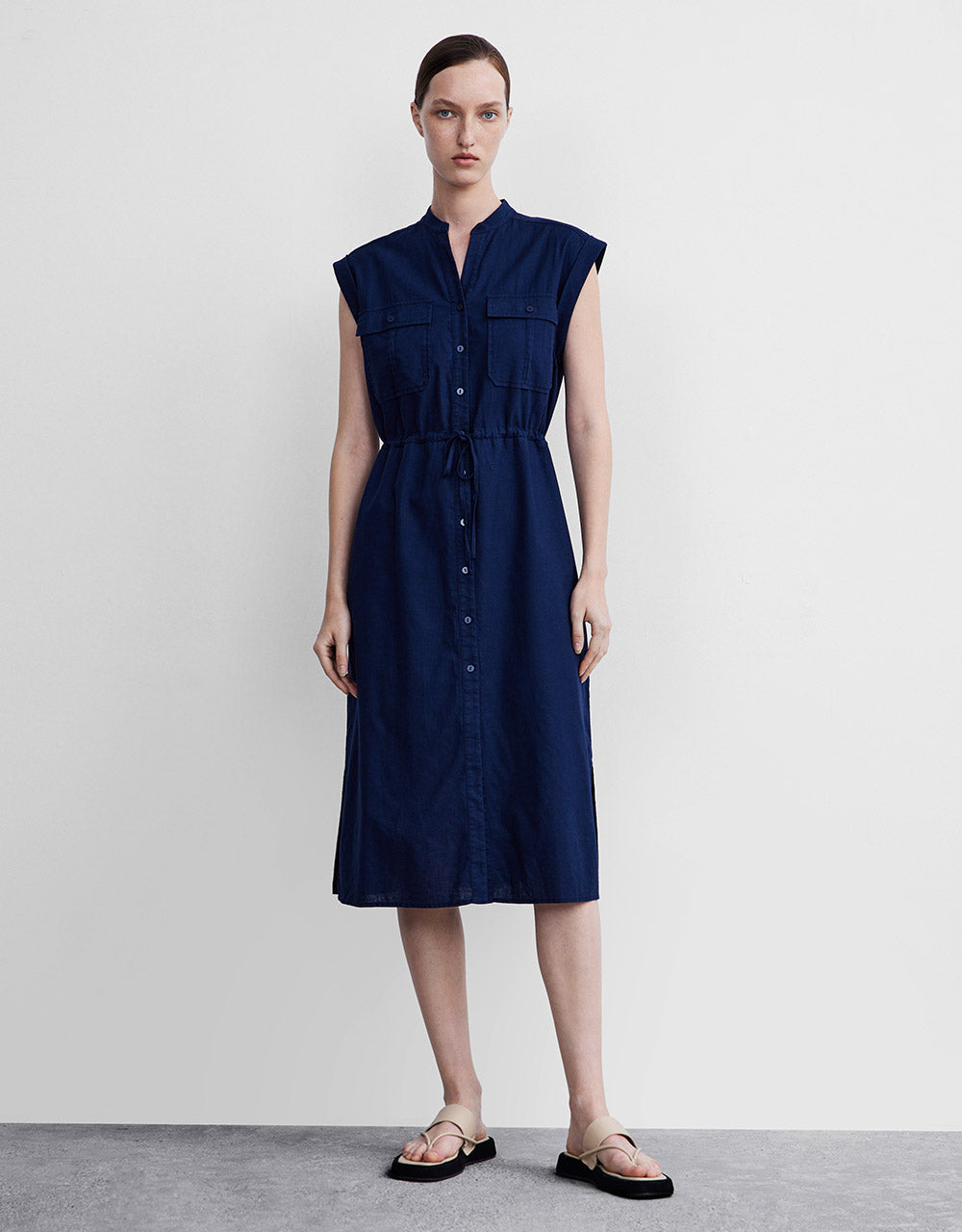 Buttoned Gathered Waist Dress