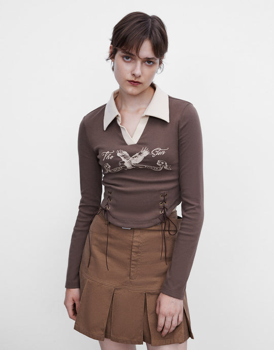 Bird Print Lace Up Cropped Top