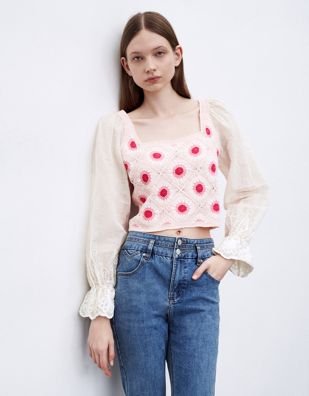 Combination Floral Knit Blouse