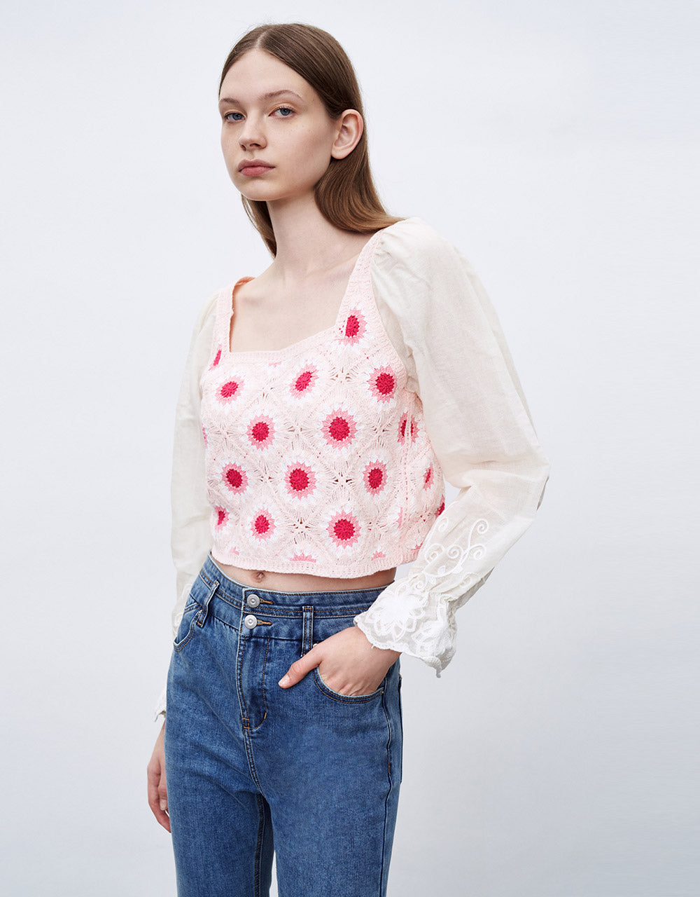Combination Floral Knit Blouse
