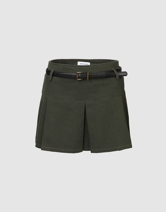 Pleated Denim Shorts With Belt