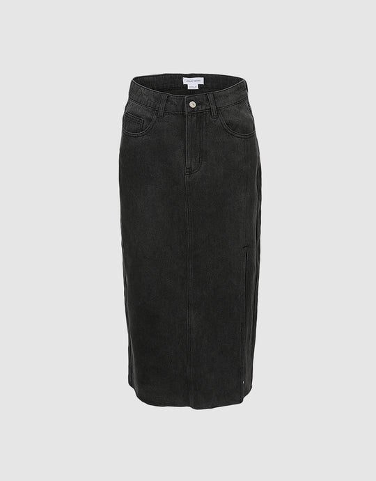 Slit Raw Hem Denim Skirt