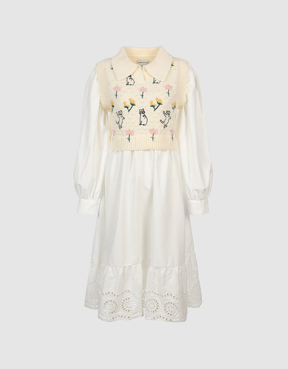 Combination Cat Embroidered Knit Dress