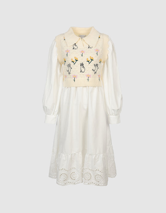 Combination Cat Embroidered Knit Dress