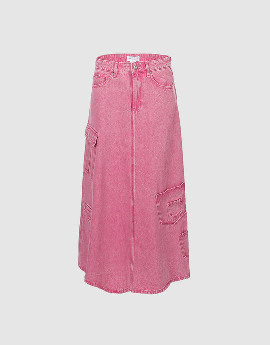 Multi-Pocket Denim Midi Skirt