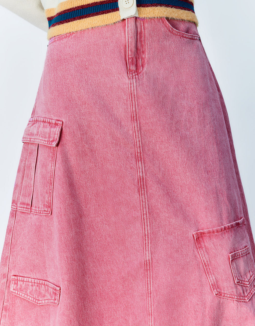 Multi-Pocket Denim Midi Skirt