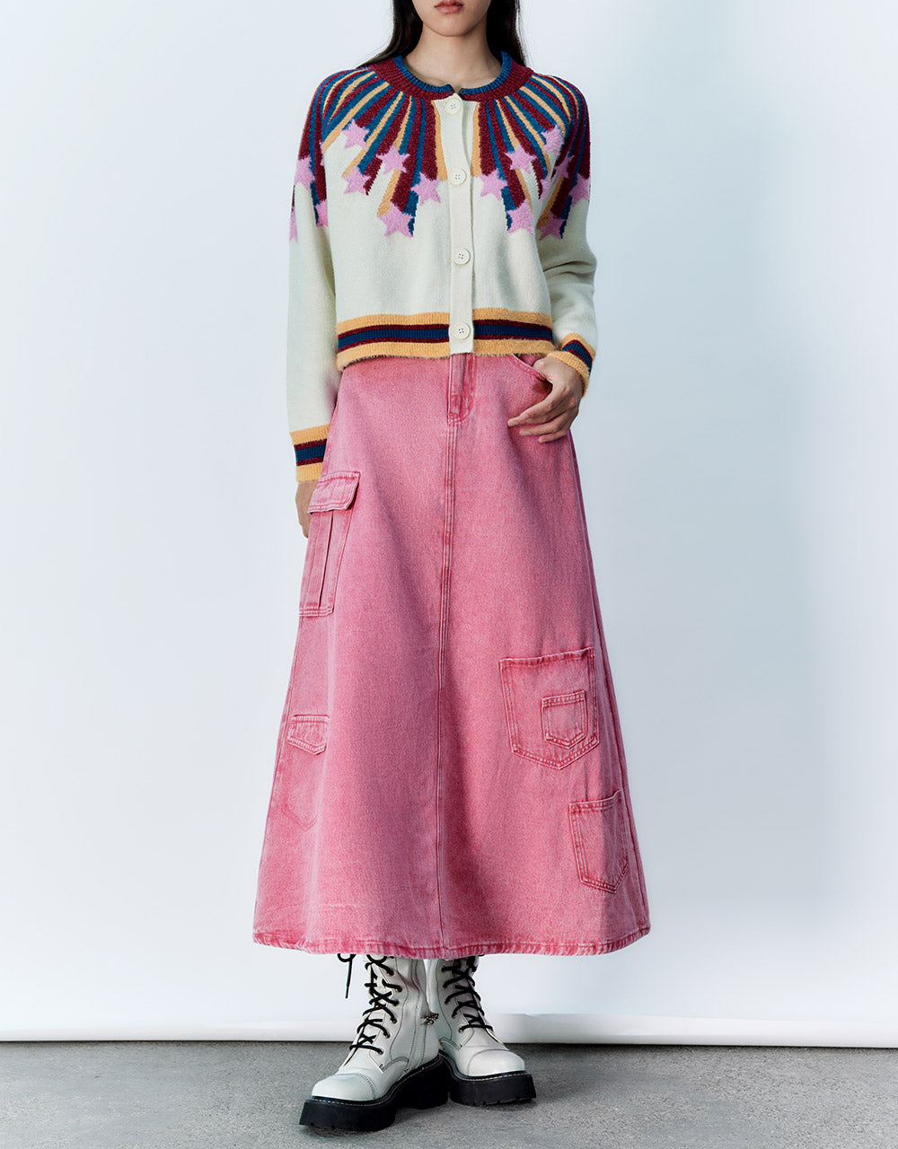 Multi-Pocket Denim Midi Skirt