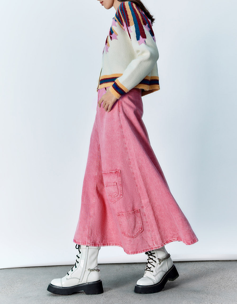 Multi-Pocket Denim Midi Skirt