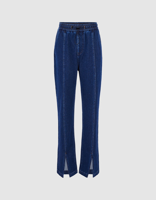 Elastic Waist Slit Hem Straight Jeans