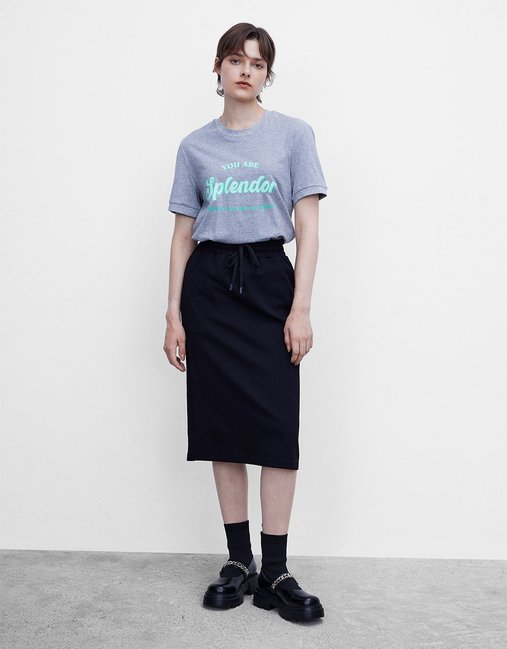 Elastic Waist Midi Skirt