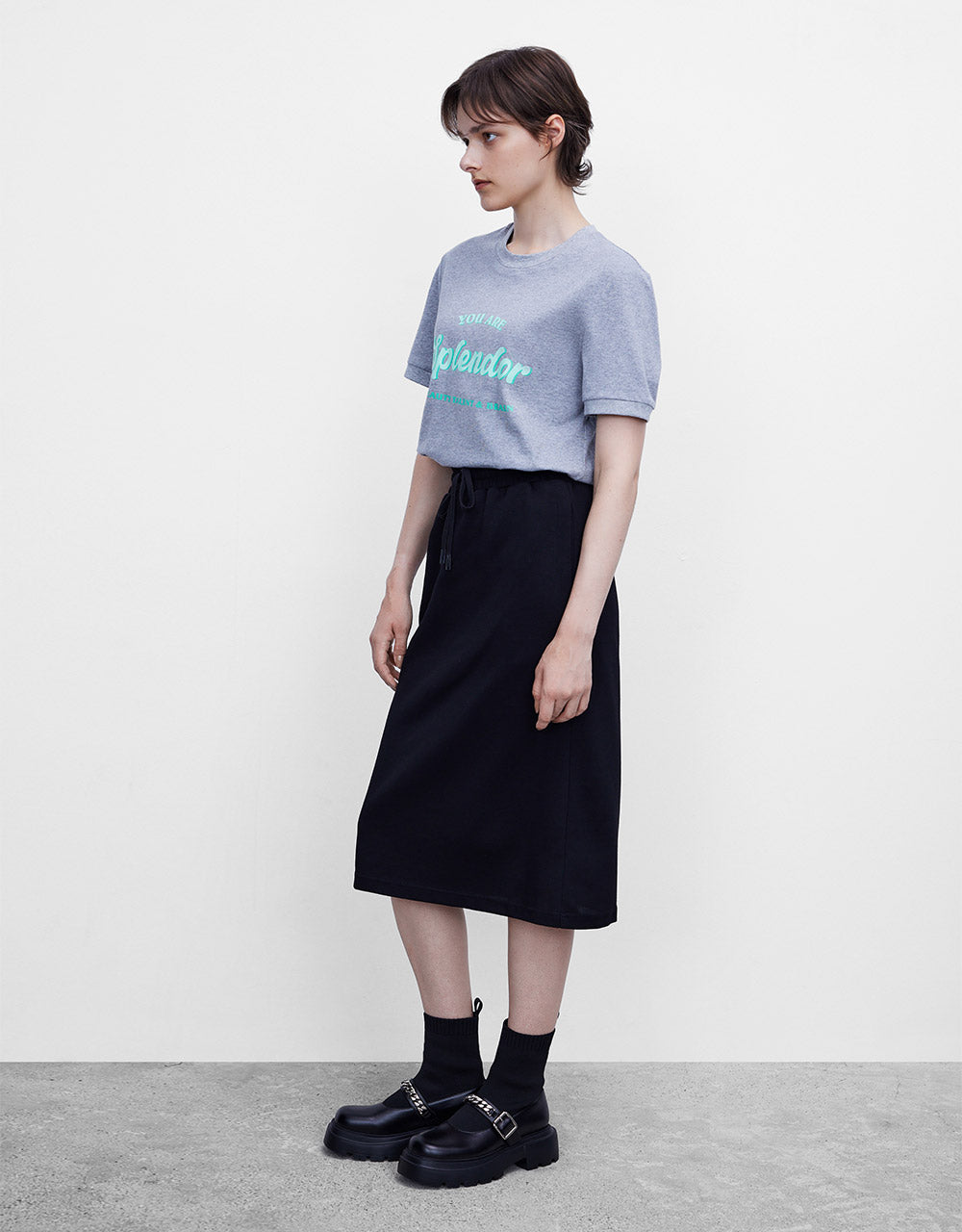 Elastic Waist Midi Skirt