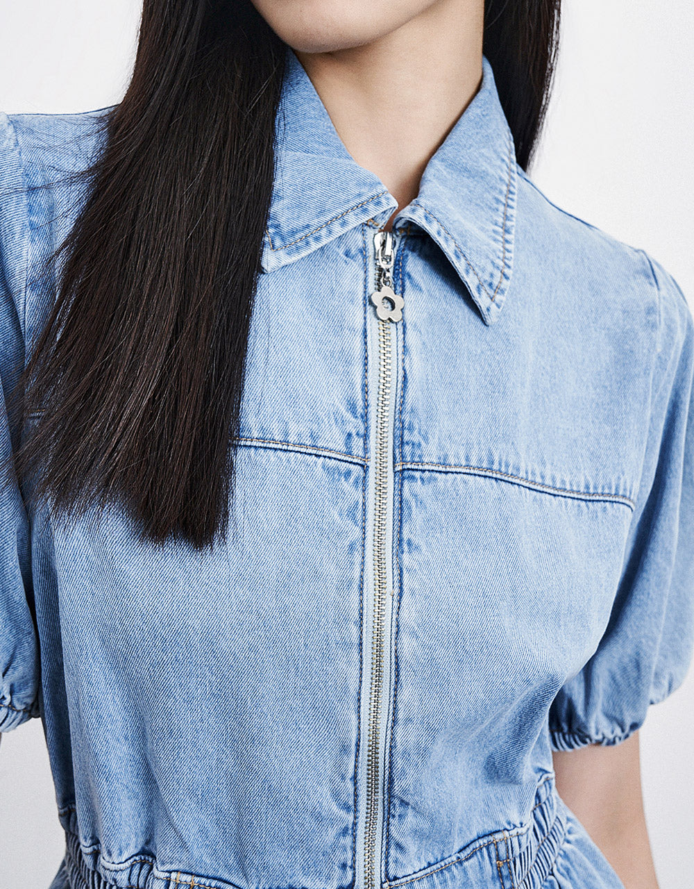 Zip Front Elastic Waist Denim Dress