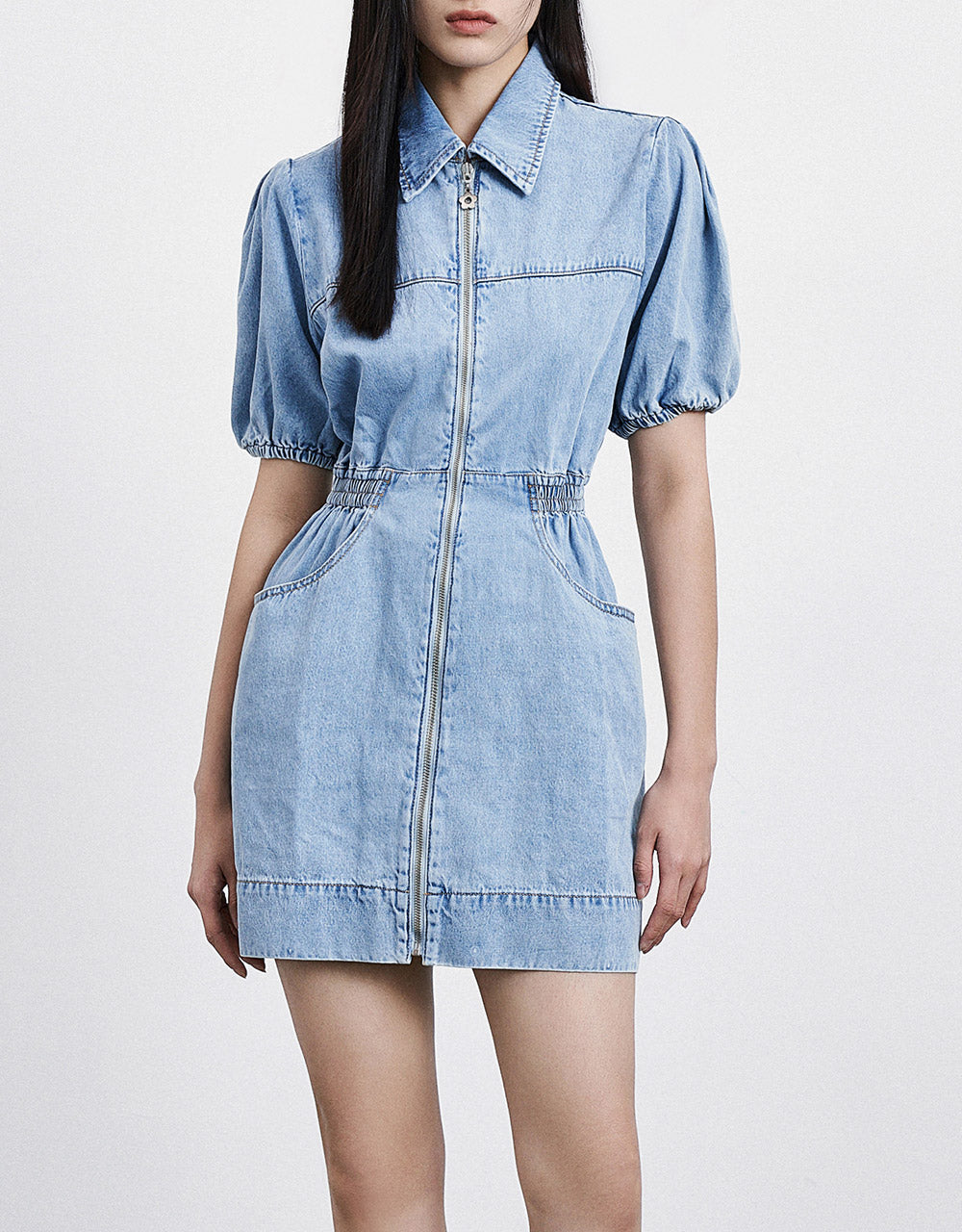 Zip Front Elastic Waist Denim Dress