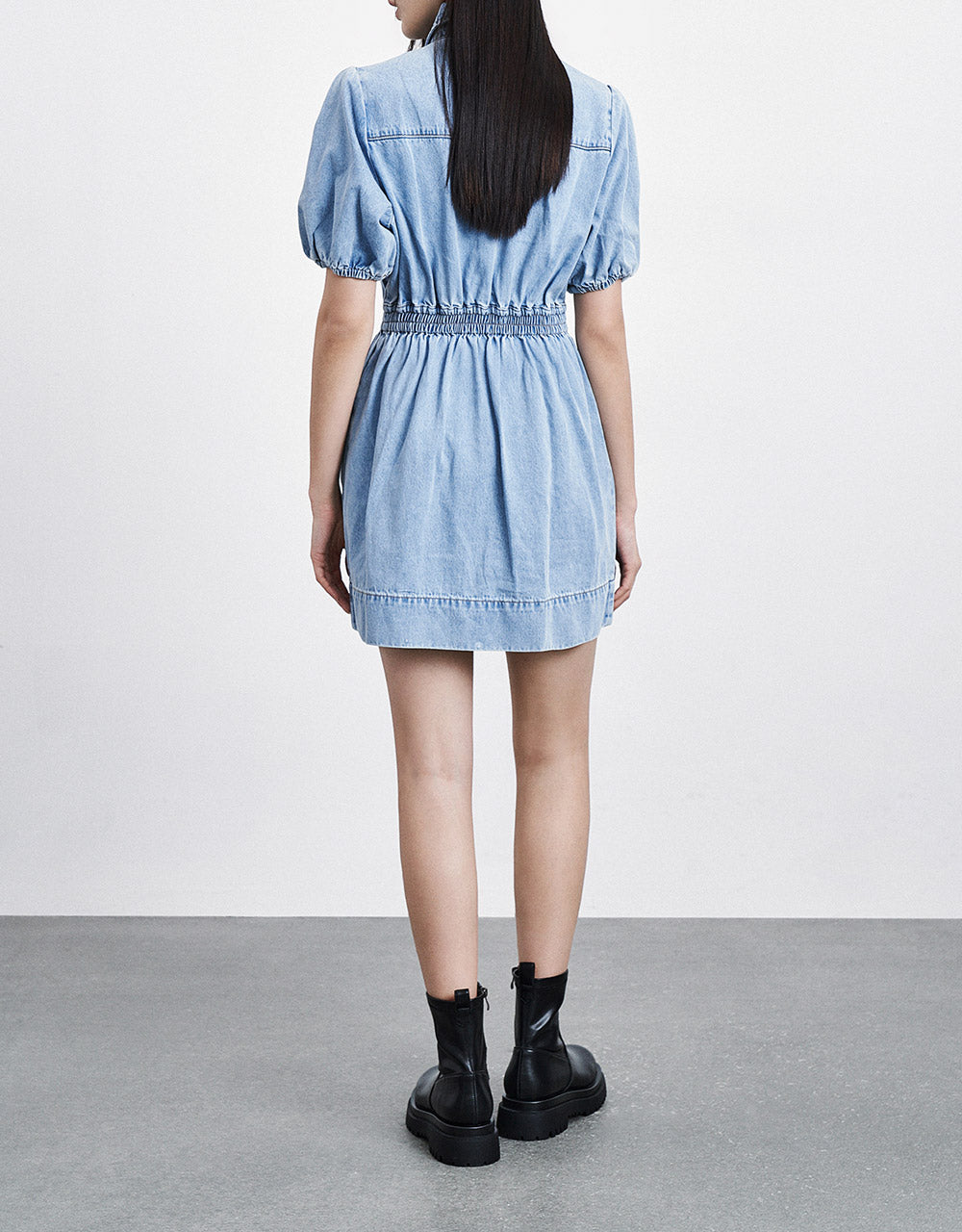 Zip Front Elastic Waist Denim Dress