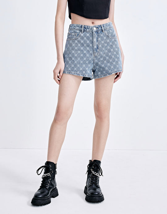 Plaid Embroidery Denim Shorts