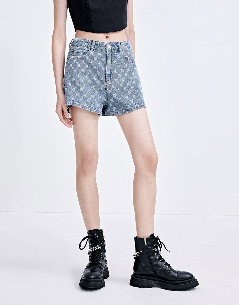 Plaid Embroidery Denim Shorts