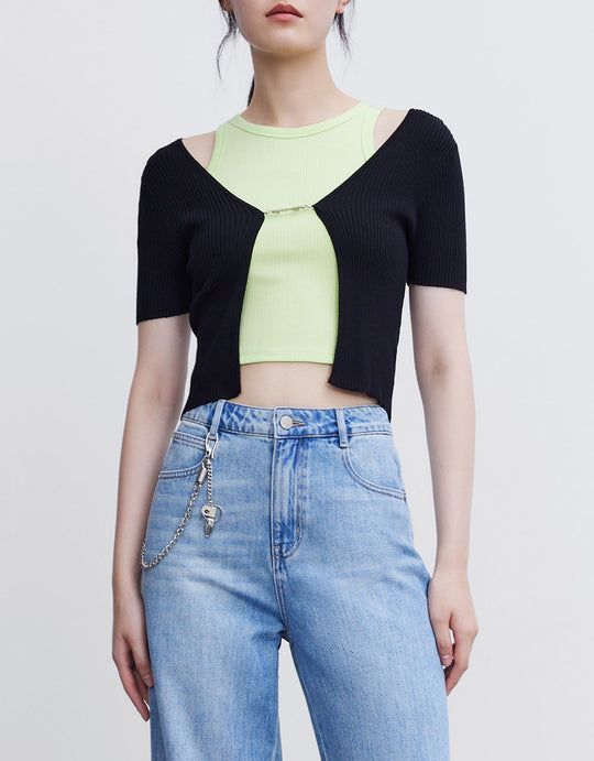 Chain Décor Rib Knit Cardigan