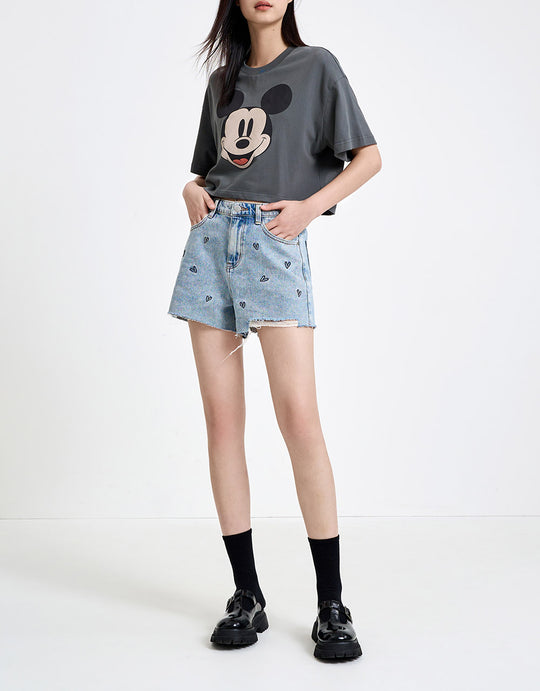 Heart Embroidery Raw Trim Denim Shorts