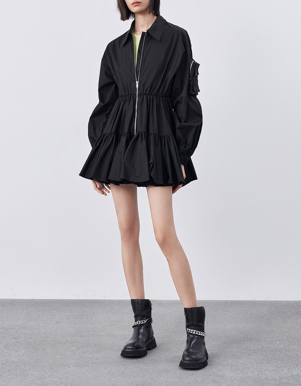 Tiered Zip Up Mini Dress
