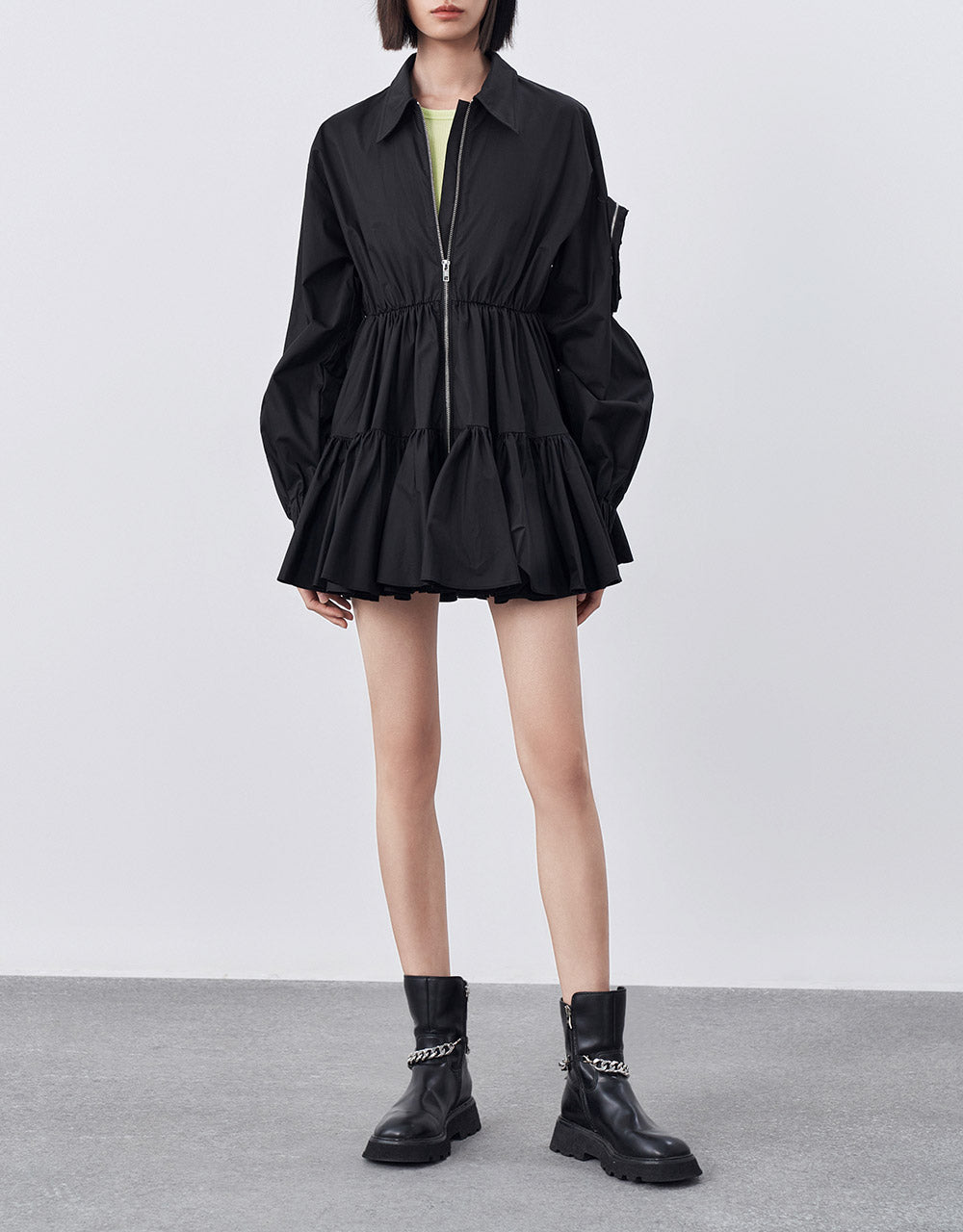 Tiered Zip Up Mini Dress