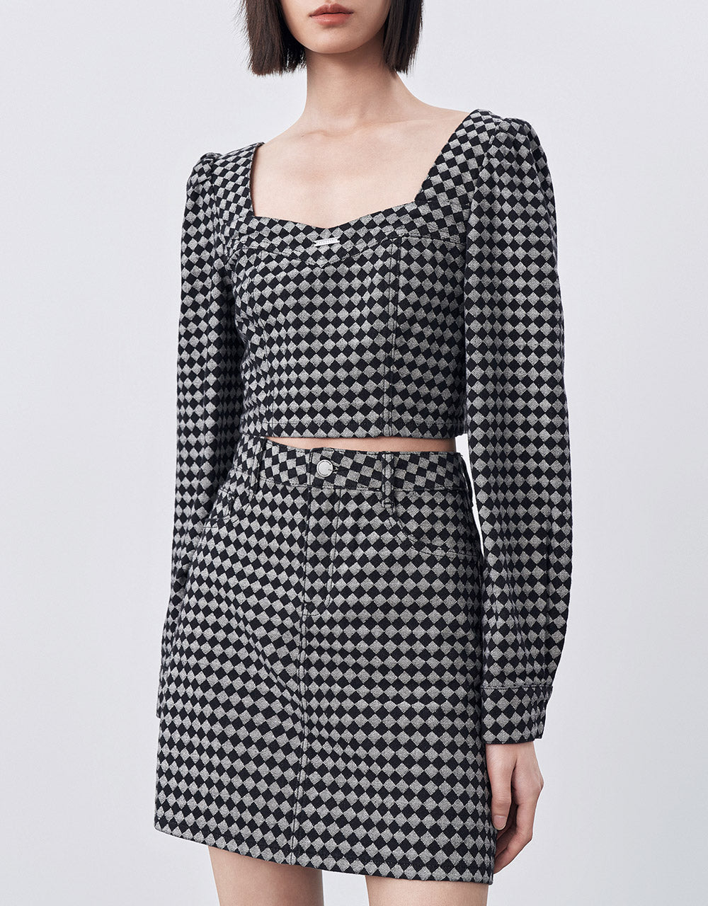 Checkered Cropped Denim Top