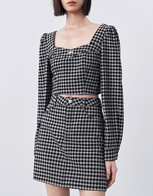 Checkered Cropped Denim Top