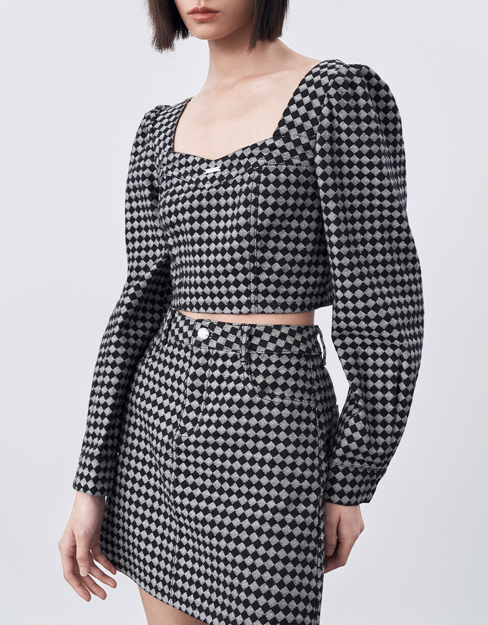 Checkered Cropped Denim Top