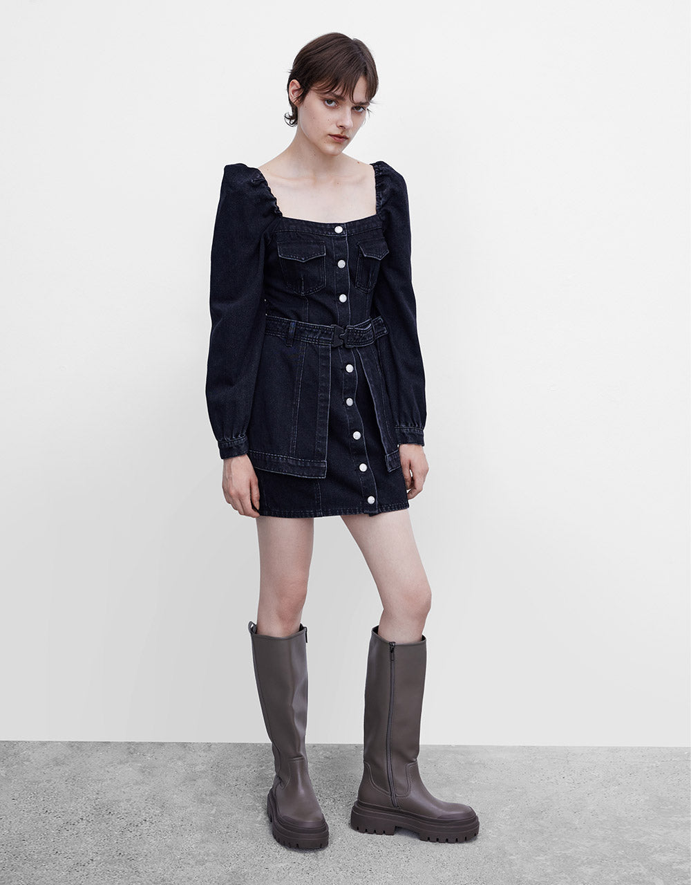 Belted Button Up Denim Dress