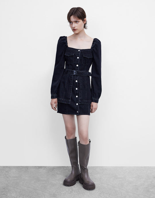 Belted Button Up Denim Dress