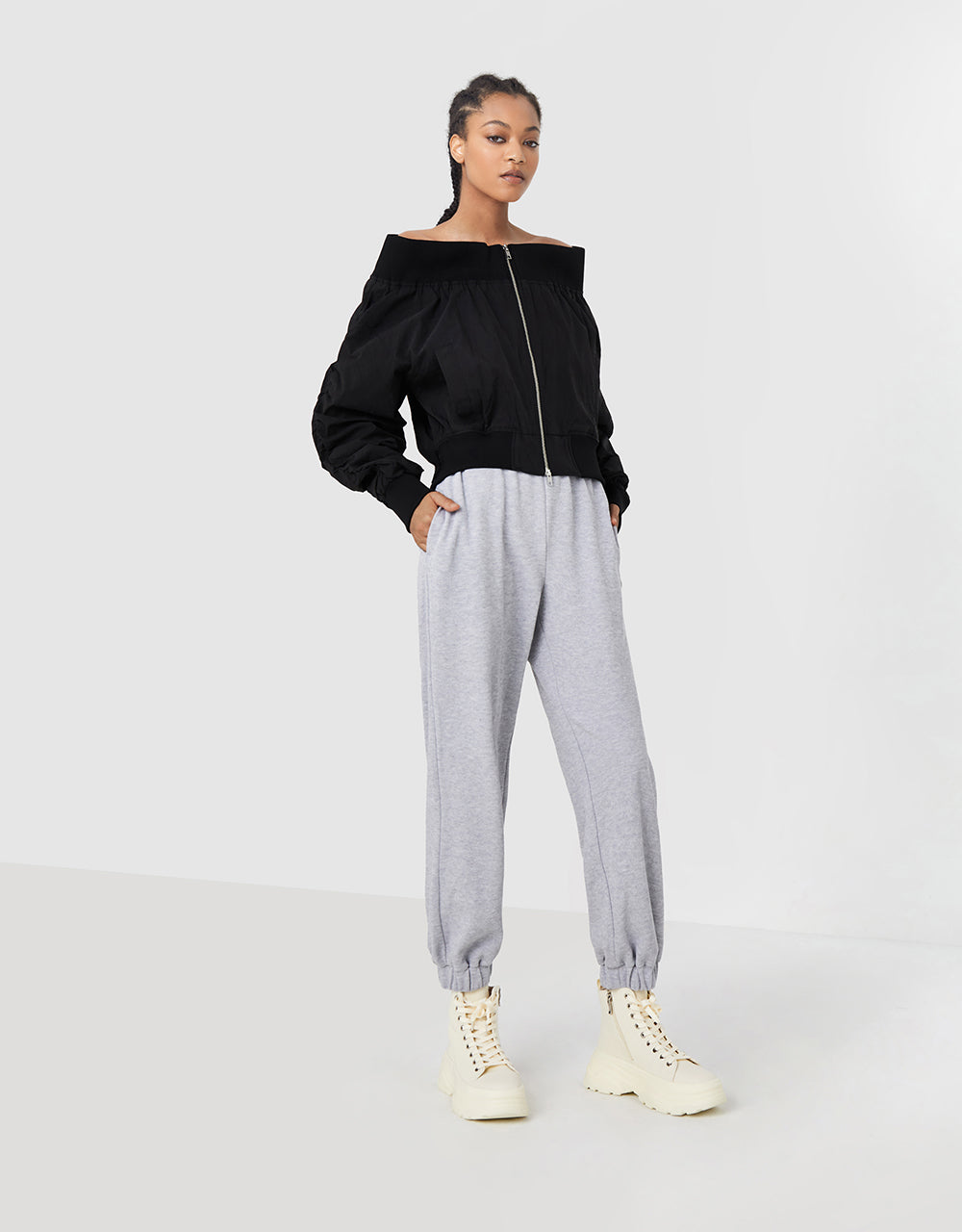 Off-Shoulder Zip Up Jacket