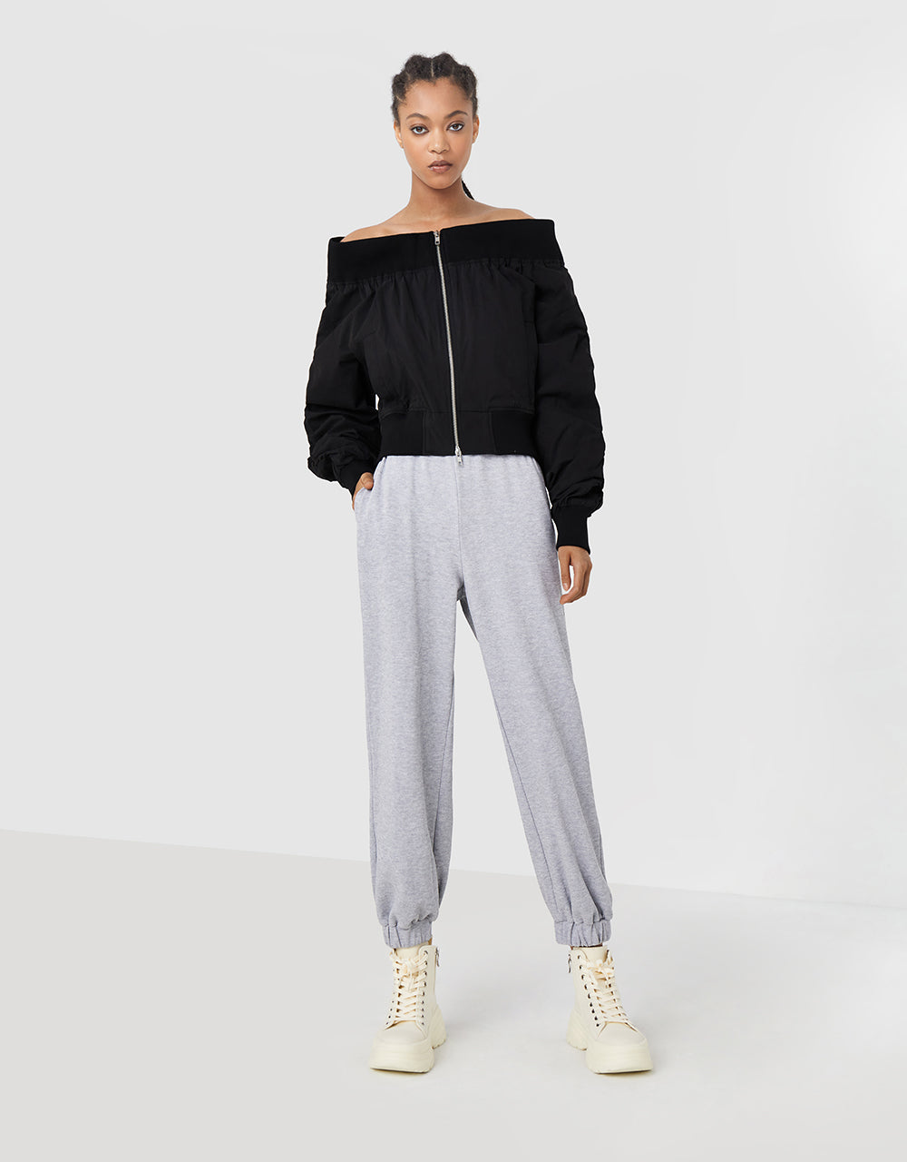 Off-Shoulder Zip Up Jacket