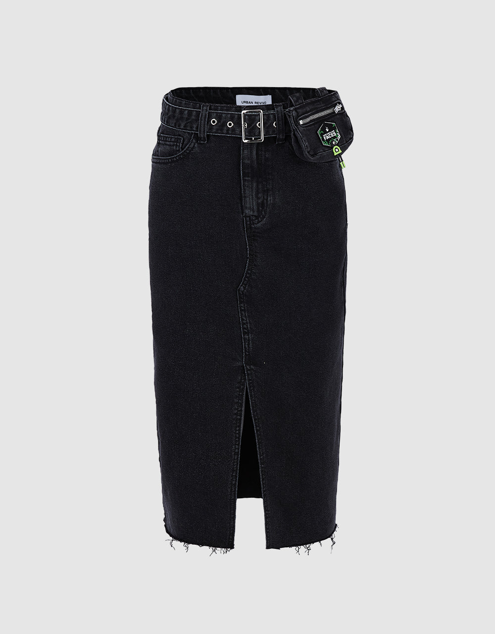 Slit Hem Belted Denim Skirt With Pouch