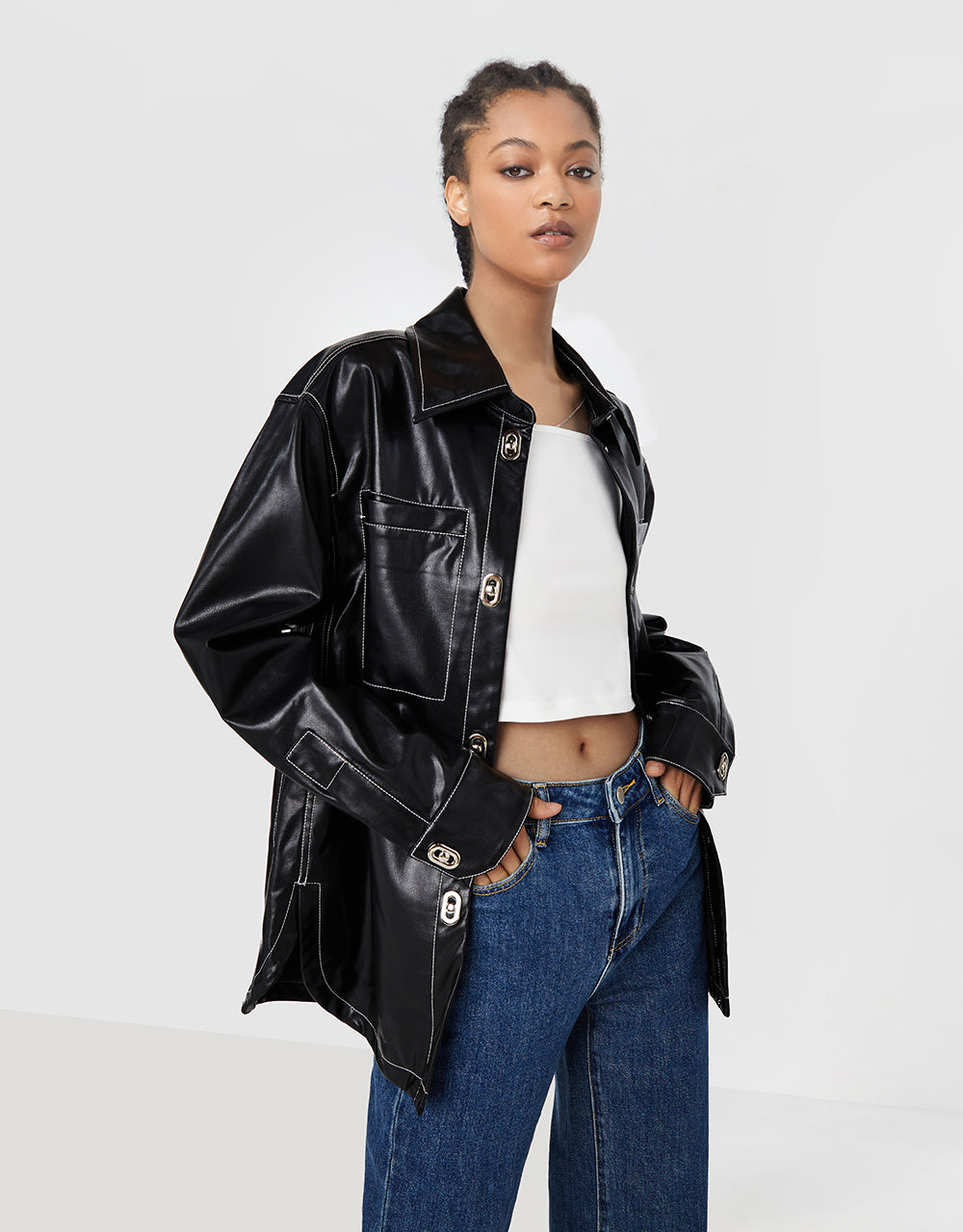 Faux Leather Buttoned Jacket