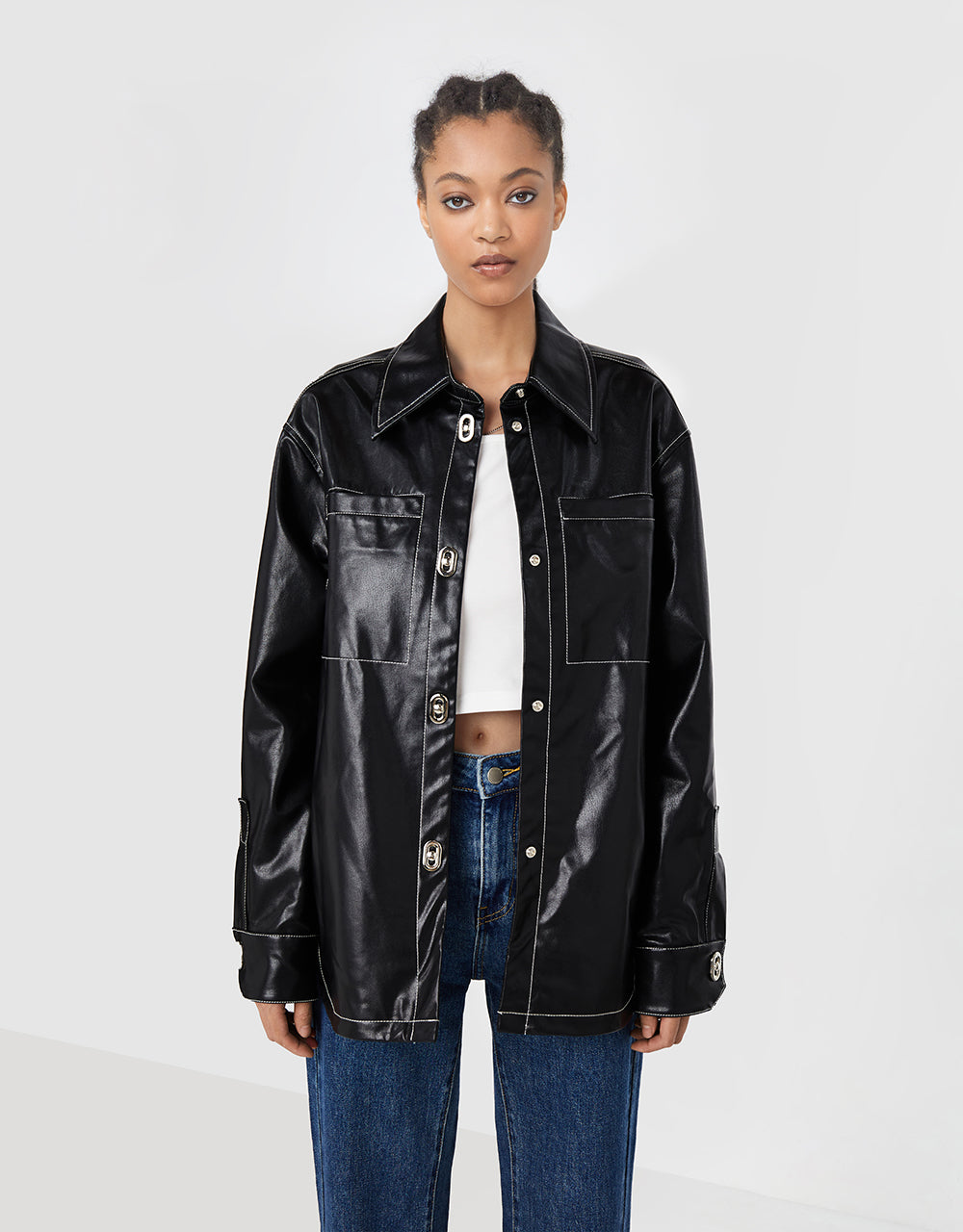 Faux Leather Buttoned Jacket