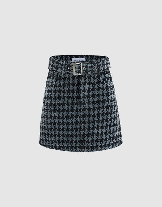 Houndtooth Belted Denim Skirt