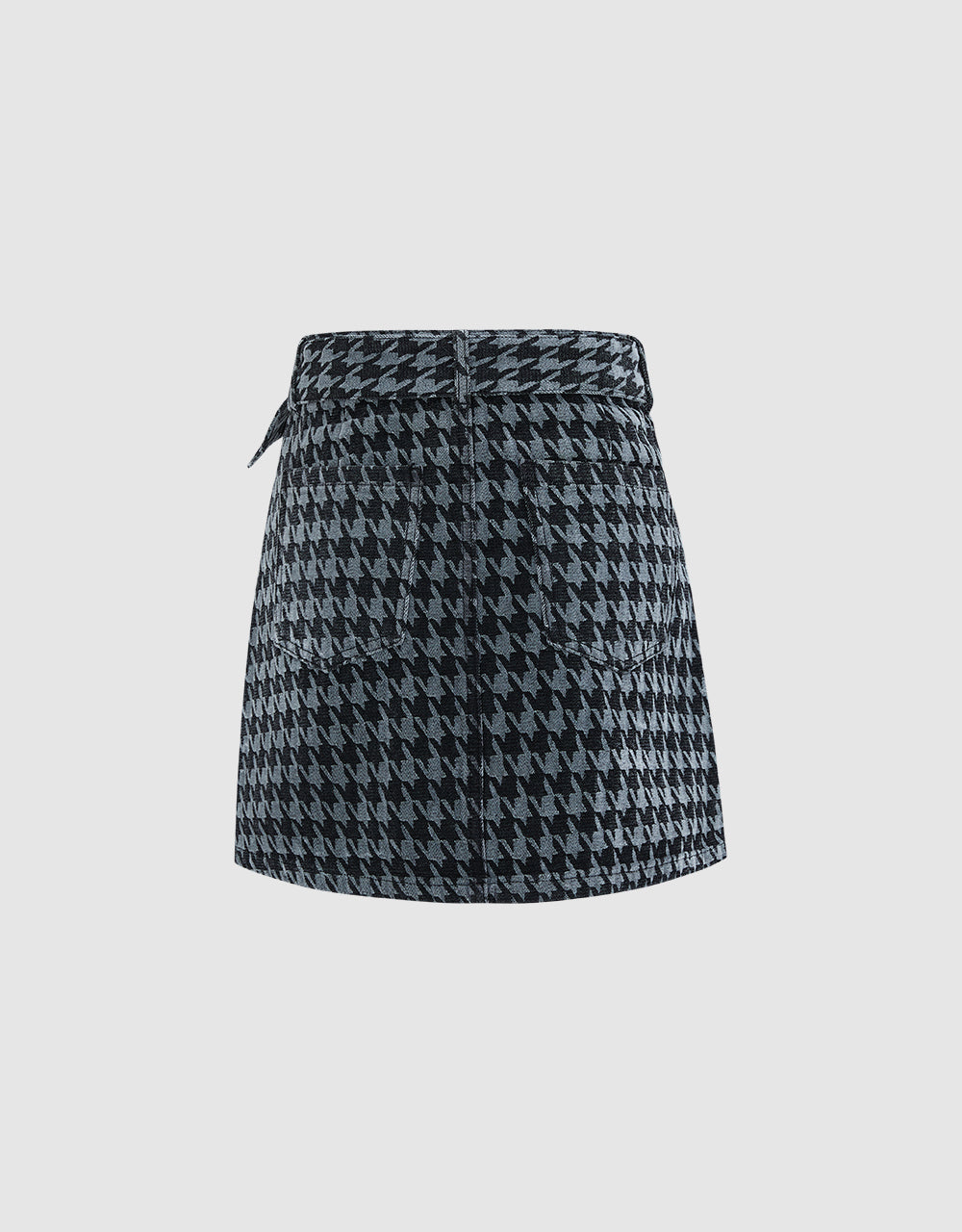 Houndtooth Belted Denim Skirt