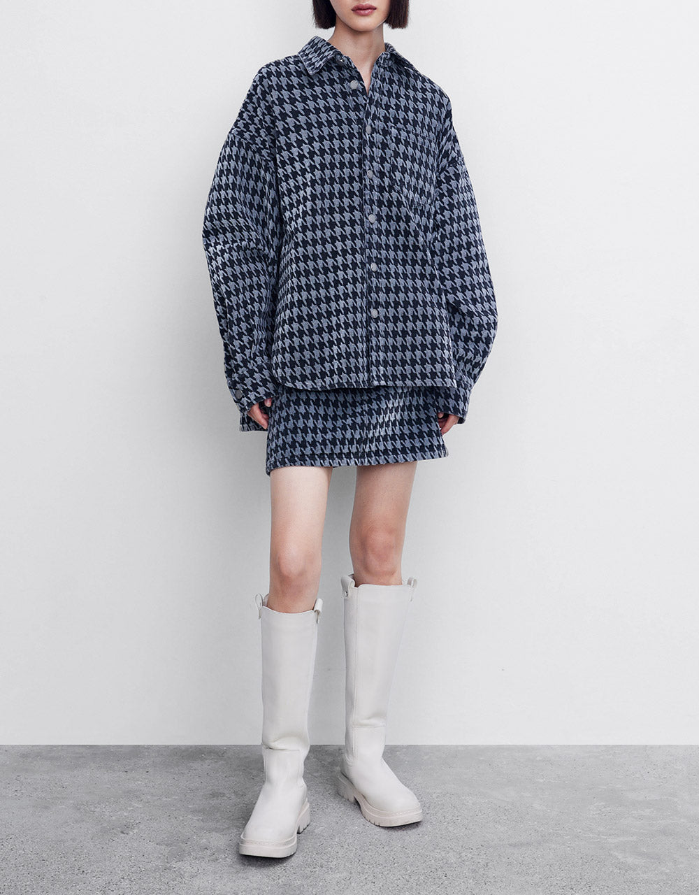 Houndtooth Belted Denim Skirt