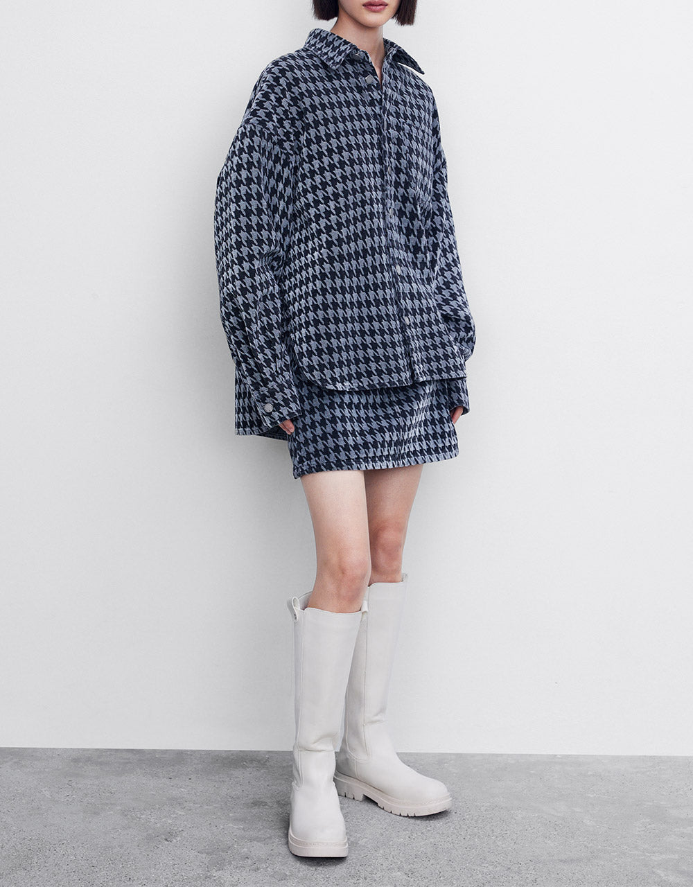 Houndtooth Belted Denim Skirt