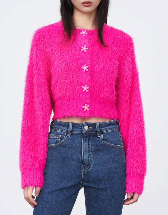Flower Button Fluffy Cardigan