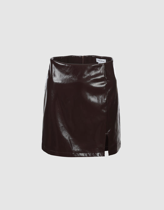 Slit Hem Faux Leather Mini Skirt